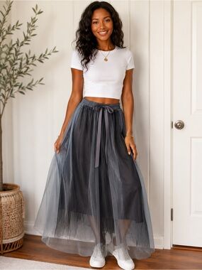 Sheer Layered Tulle Maxi Skirt - Charcoal